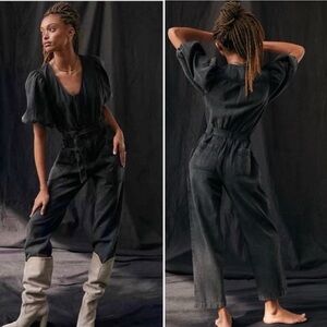 Anthropologie Othilia Puff-Sleeved Denim Jumpsuit Medium Black Gray Utility